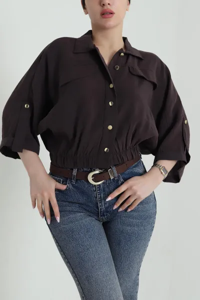 Kahverengi Bel Lastikli Tencel Kadın Gömlek 458827