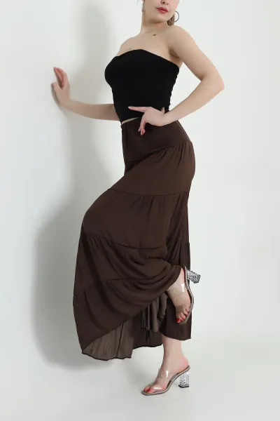 Kahverengi Bel Lastikli Tencel Viskoz Kadın Etek 442399