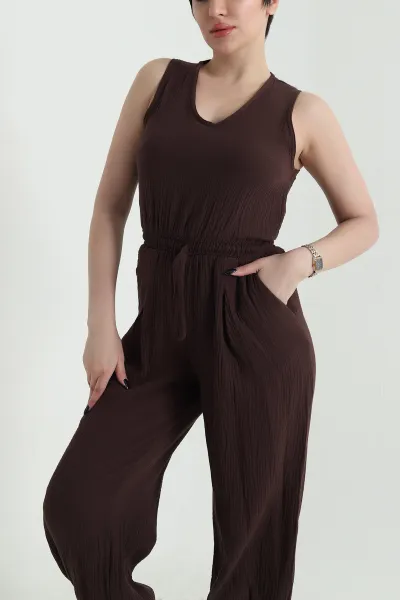 Kahverengi Bel ve Paça Lastikli Müslin Keten Kadın Tulum 452638
