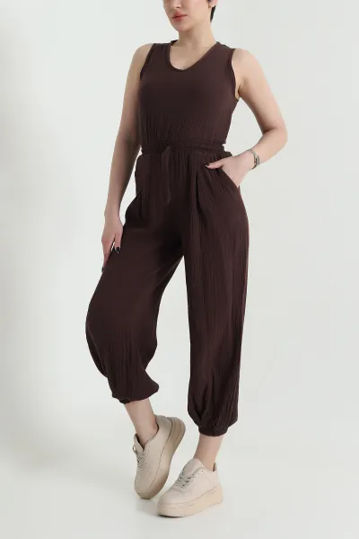 Kahverengi Bel ve Paça Lastikli Müslin Keten Kadın Tulum 452638