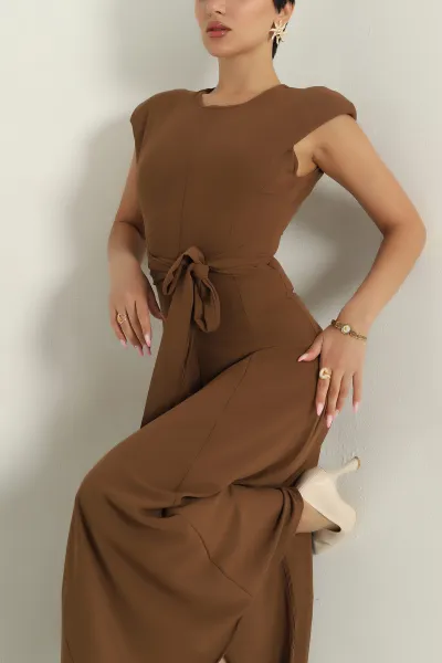 Kahverengi Beli Bağlamalı Crep Kadın Elbise 376388
