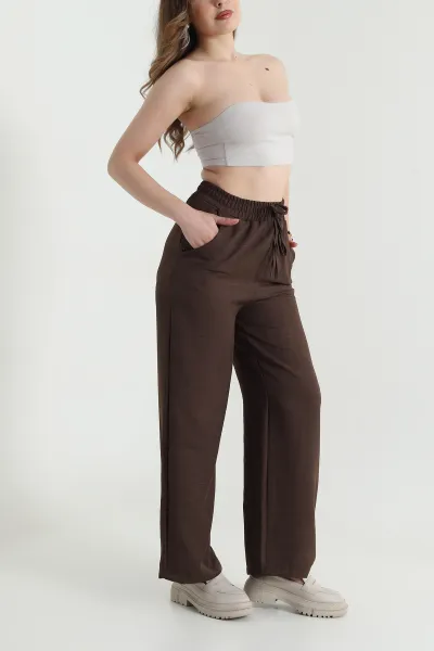 Kahverengi Beli Lastikli Aerobin Keten Kadın Pantolon 469144