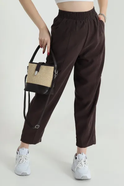 Kahverengi Beli Lastikli Diagonel Modal Kadın Pantolon 473231