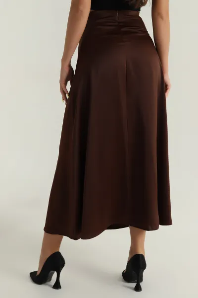 Kahverengi Beli Lastikli Kadın Saten Etek 395526