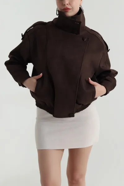 Kahverengi Beli Lastikli Kadın Süet Mont 487229