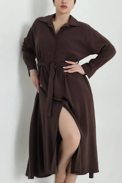 Kahverengi Beli Lastikli Modal Kadın Elbise 446902