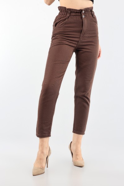 Kahverengi Beli Lastikli Mom Bayan Kot Pantolon 88604