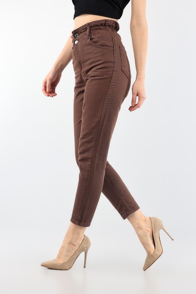Kahverengi Beli Lastikli Mom Bayan Kot Pantolon 88604