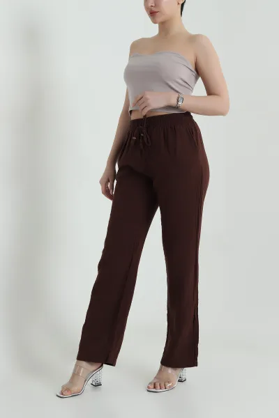 Kahverengi Beli Lastikli Müslin Keten Kadın Pantolon 457931