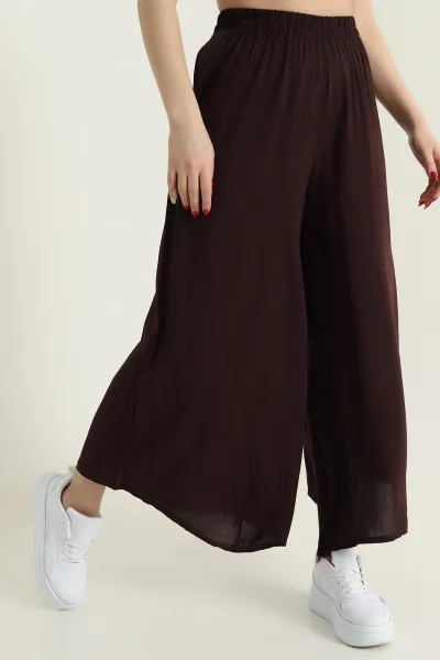 Kahverengi Beli Lastikli Şalvar Dokuma Kadın Pantolon 430048