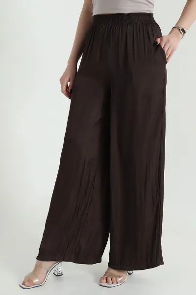 Kahverengi Beli Lastikli Saten Kadın Pantolon 451260