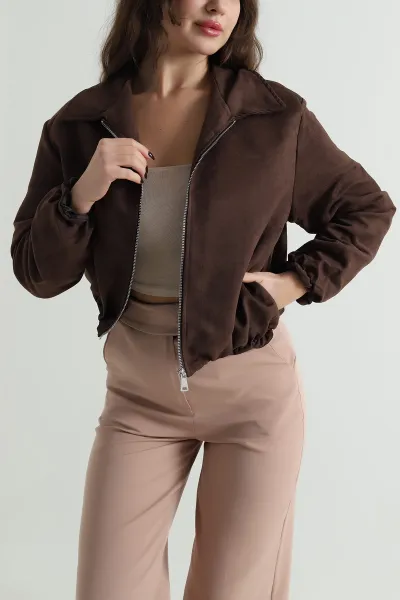 Kahverengi Beli Lastikli Süet Kadın Mont 501073