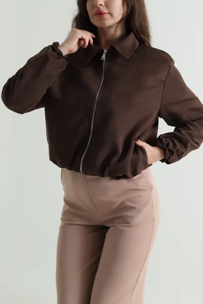Kahverengi Beli Lastikli Süet Kadın Mont 501073