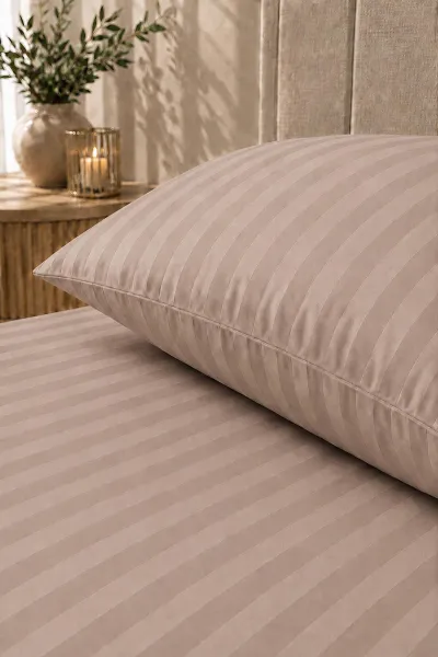 Sütlü Kahve Bella Home 100x200 Cm Tek Kişilik Çizgili Saten Çarşaf Seti 482998