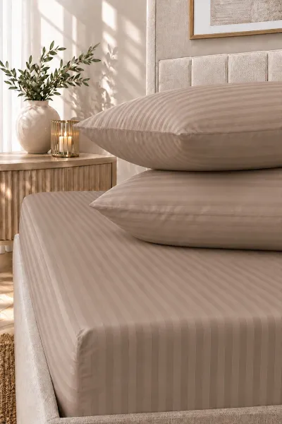 Sütlü Kahve Bella Home 160x200 Cm Çift Kişilik Çizgili Saten Çarşaf Seti 483029