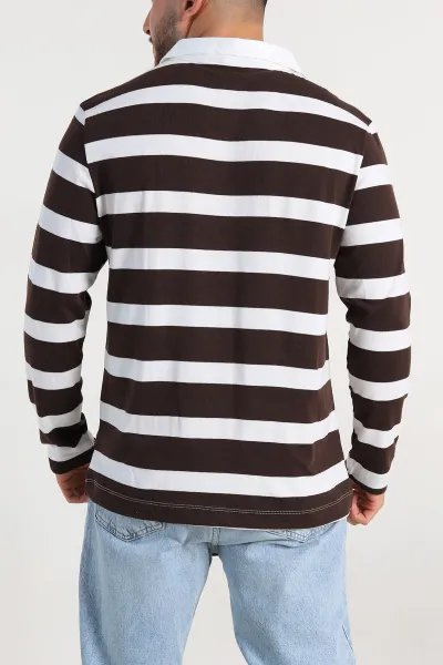 Kahverengi Beyaz Çizgili Relaxed Fit Polo Yaka Erkek İnce Sweatshirt 309098