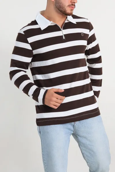 Kahverengi Beyaz Çizgili Relaxed Fit Polo Yaka Erkek İnce Sweatshirt 309098