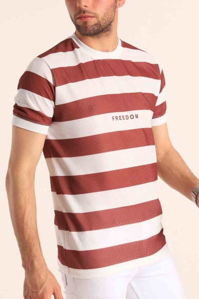 Kahverengi Beyaz Çizgili Slim Fit Dokulu Erkek Tişört 186865
