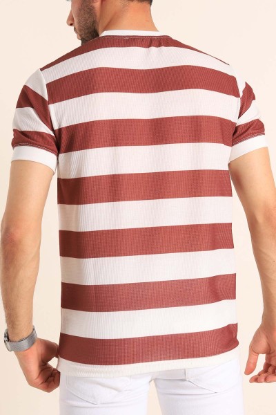 Kahverengi Beyaz Çizgili Slim Fit Dokulu Erkek Tişört 186865