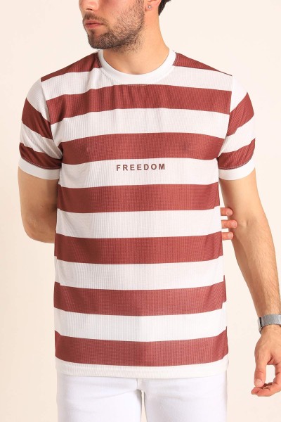 Kahverengi Beyaz Çizgili Slim Fit Dokulu Erkek Tişört 186865