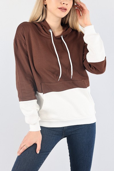 Kahverengi Beyaz Kapüşonlu İçi Şardonlu Sweat 87761