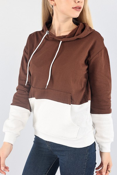 Kahverengi Beyaz Kapüşonlu İçi Şardonlu Sweat 87761