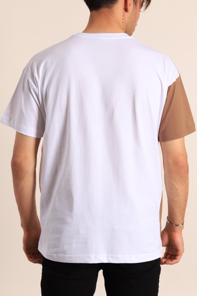 Kahverengi Beyaz Oversize Nakışlı  Erkek Tişört 184247