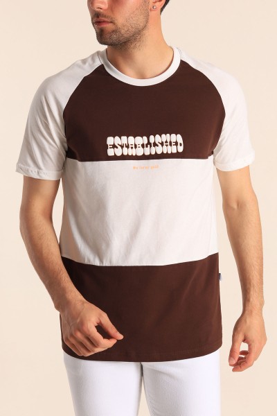 Kahverengi Beyaz Oversize Reglan Kol Yazı Detay Erkek Tişört 182283