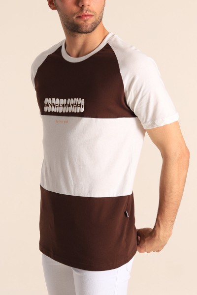 Kahverengi Beyaz Oversize Reglan Kol Yazı Detay Erkek Tişört 182283