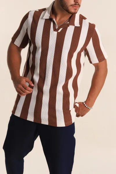 Kahverengi Beyaz Regular Fit Çizgili Polo Yaka Erkek Tişört 268622