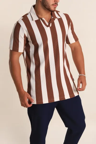 Kahverengi Beyaz Regular Fit Çizgili Polo Yaka Erkek Tişört 268622