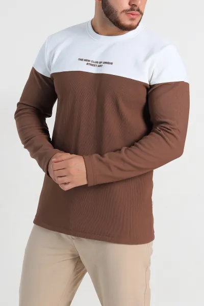 Kahverengi Beyaz Regular Fit Kabartma Baskılı Erkek Sweatshirt 305867