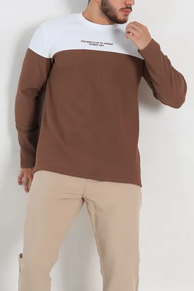 Kahverengi Beyaz Regular Fit Kabartma Baskılı Erkek Sweatshirt 305867
