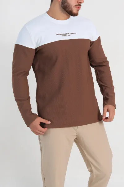 Kahverengi Beyaz Regular Fit Kabartma Baskılı Erkek Sweatshirt 305867