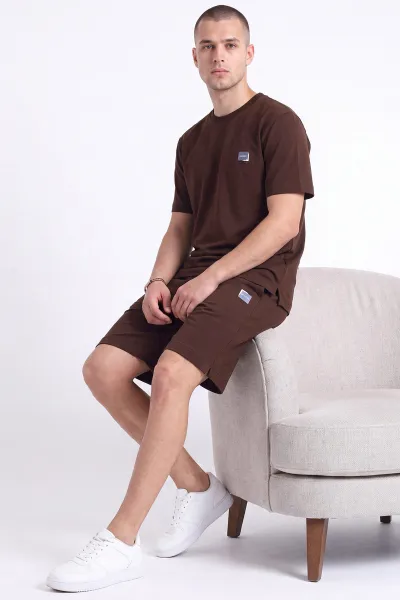 Kahverengi Bisiklet Yaka Bel Lastikli Erkek Şortlu Takım 474345