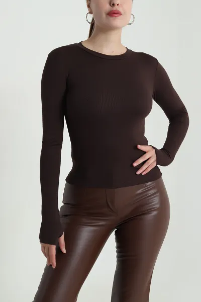 Kahverengi Bisiklet Yaka Buzzy Kadın Bluz 484309