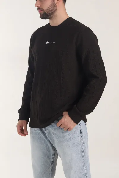 Kahverengi Bisiklet Yaka Dokulu Nakış Detaylı Erkek Sweatshirt 406947