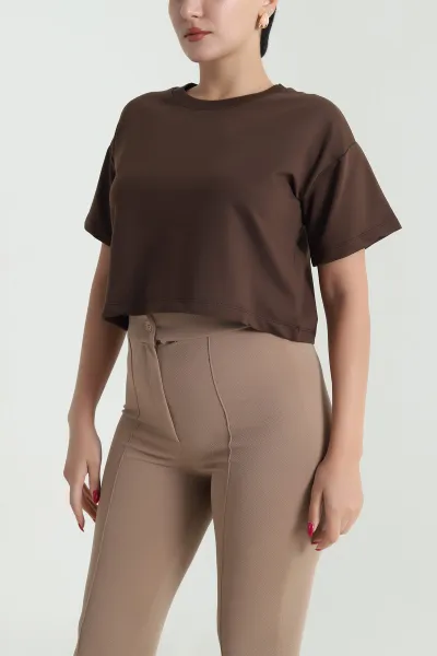 Kahverengi Bisiklet Yaka Kristal Kadın Crop 477585