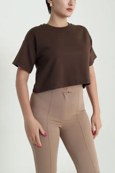 Kahverengi Bisiklet Yaka Kristal Kadın Crop 477585