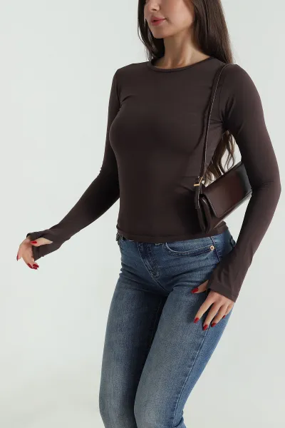 Kahverengi Bisiklet Yaka Likralı Kadın Bluz 491351