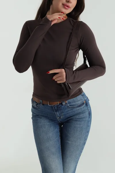 Kahverengi Bisiklet Yaka Likralı Kadın Bluz 491351