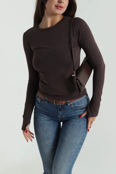 Kahverengi Bisiklet Yaka Likralı Kadın Bluz 491351