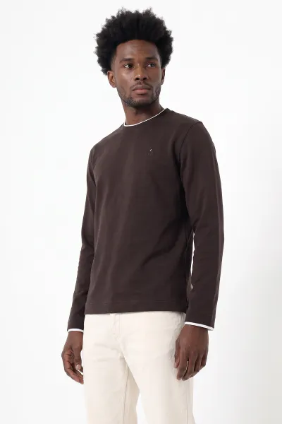 Kahverengi Bisiklet Yaka Nakış Detay Erkek Sweatshirt 492009
