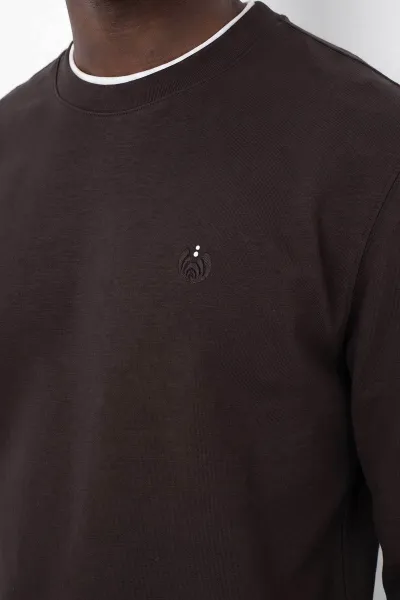 Kahverengi Bisiklet Yaka Nakış Detay Erkek Sweatshirt 492009