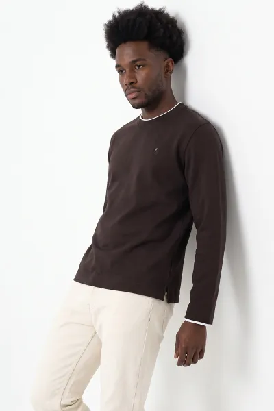 Kahverengi Bisiklet Yaka Nakış Detay Erkek Sweatshirt 492009