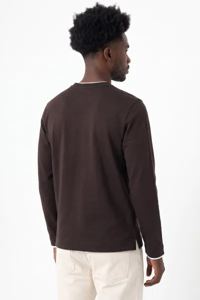 Kahverengi Bisiklet Yaka Nakış Detay Erkek Sweatshirt 492009