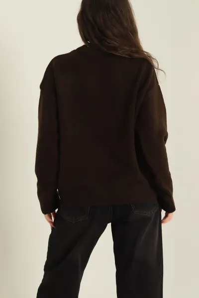 Kahverengi Bisiklet Yaka Oversize Kadın Triko Kazak 421239