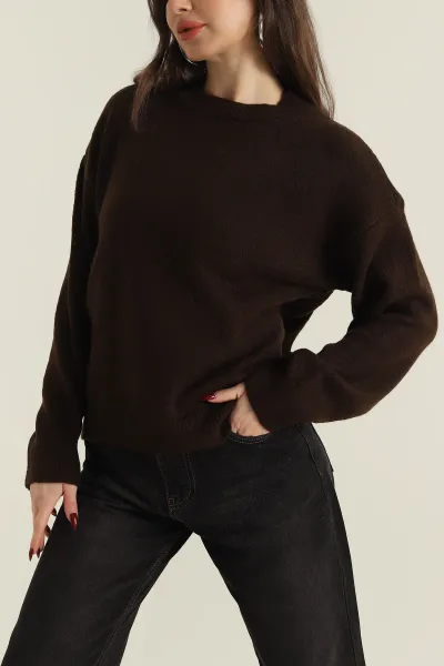 Kahverengi Bisiklet Yaka Oversize Kadın Triko Kazak 421239