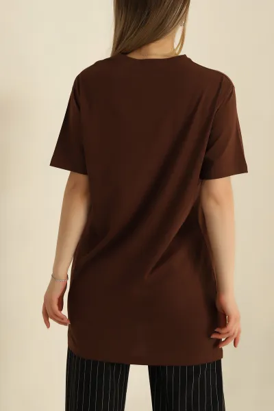 Kahverengi Bisiklet Yaka Oversize Tişört 260958