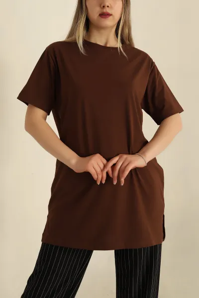Kahverengi Bisiklet Yaka Oversize Tişört 260958
